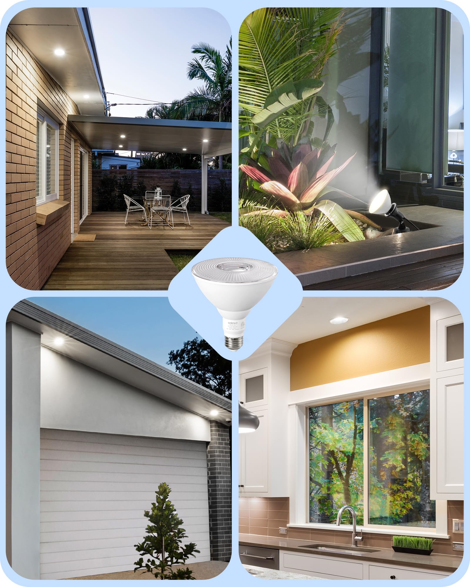 EDISHINE etiqueta IP65 y ETL indicando resistencia y certificación