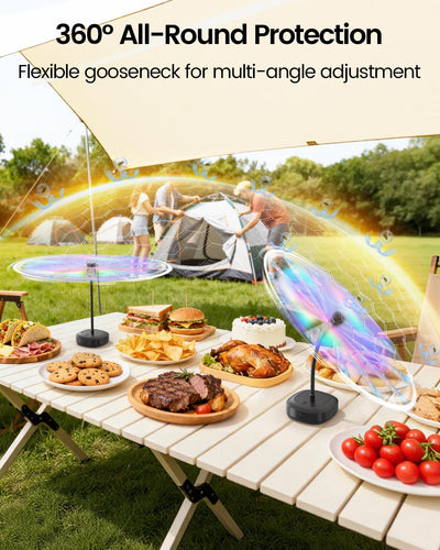 Edvision hook hanging on umbrella showing hands‑free overhead airflow benefit