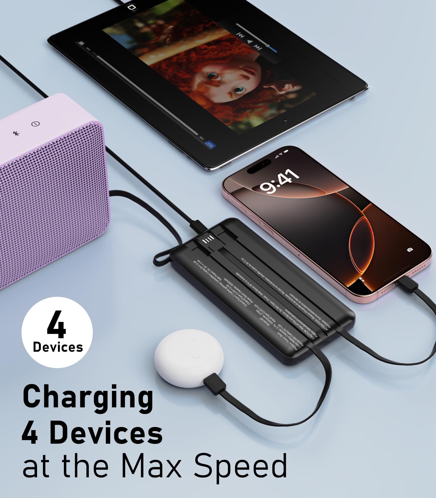 EEIVOL detalle de los cables integrados para cargar iPhone Android y micro
