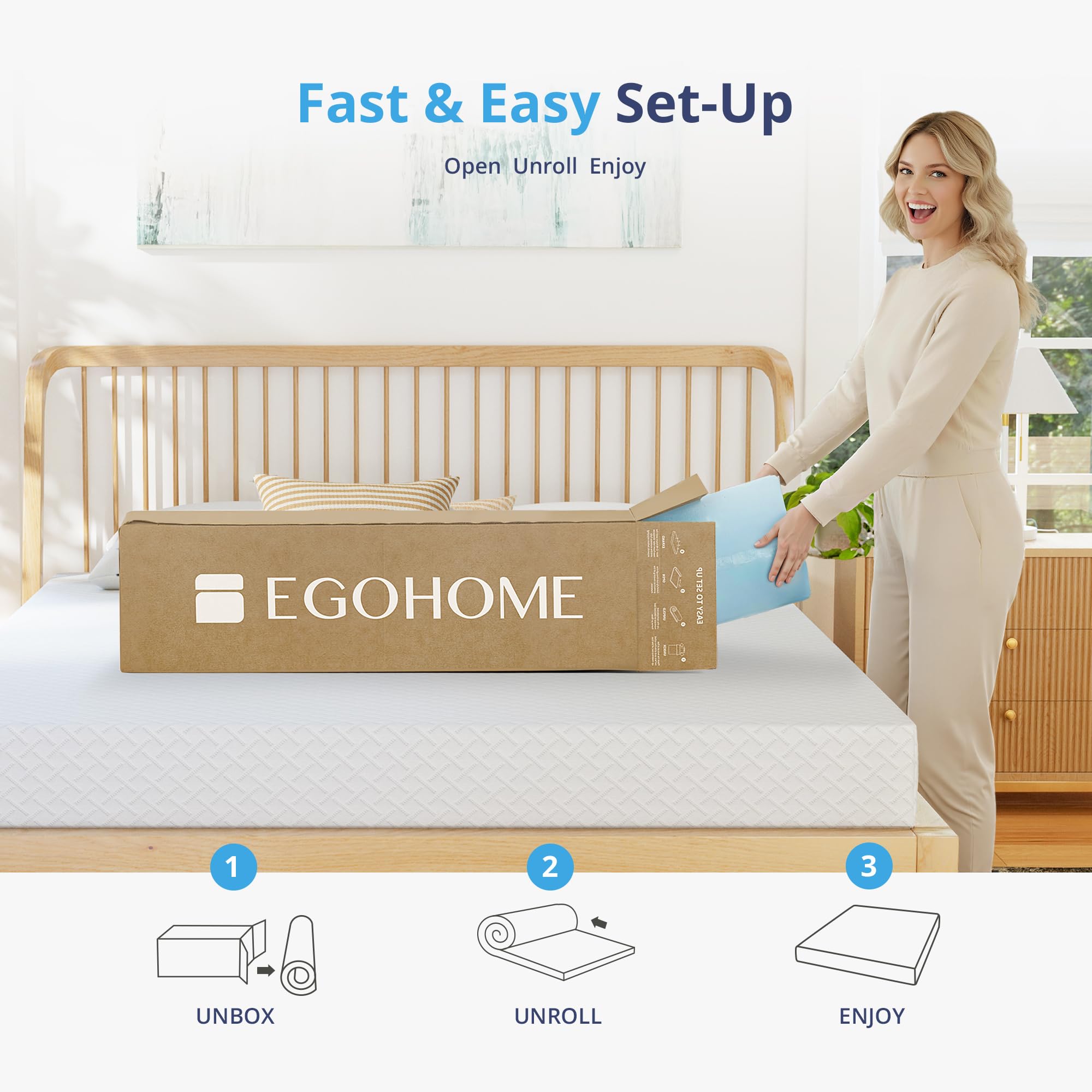 EGOHOME unboxed expanded topper on floor demonstrating quick setup and immediate comfort