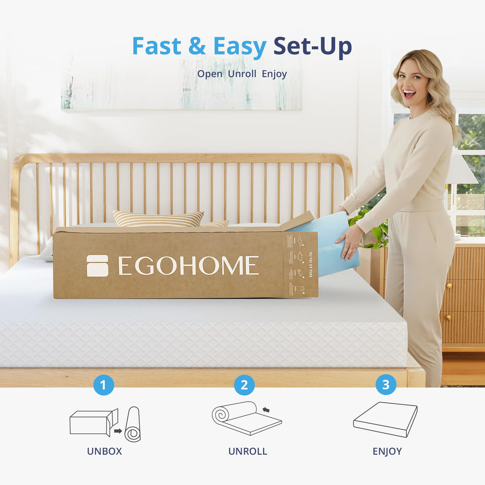 EGOHOME unboxed expanded topper on floor demonstrating quick setup and immediate comfort