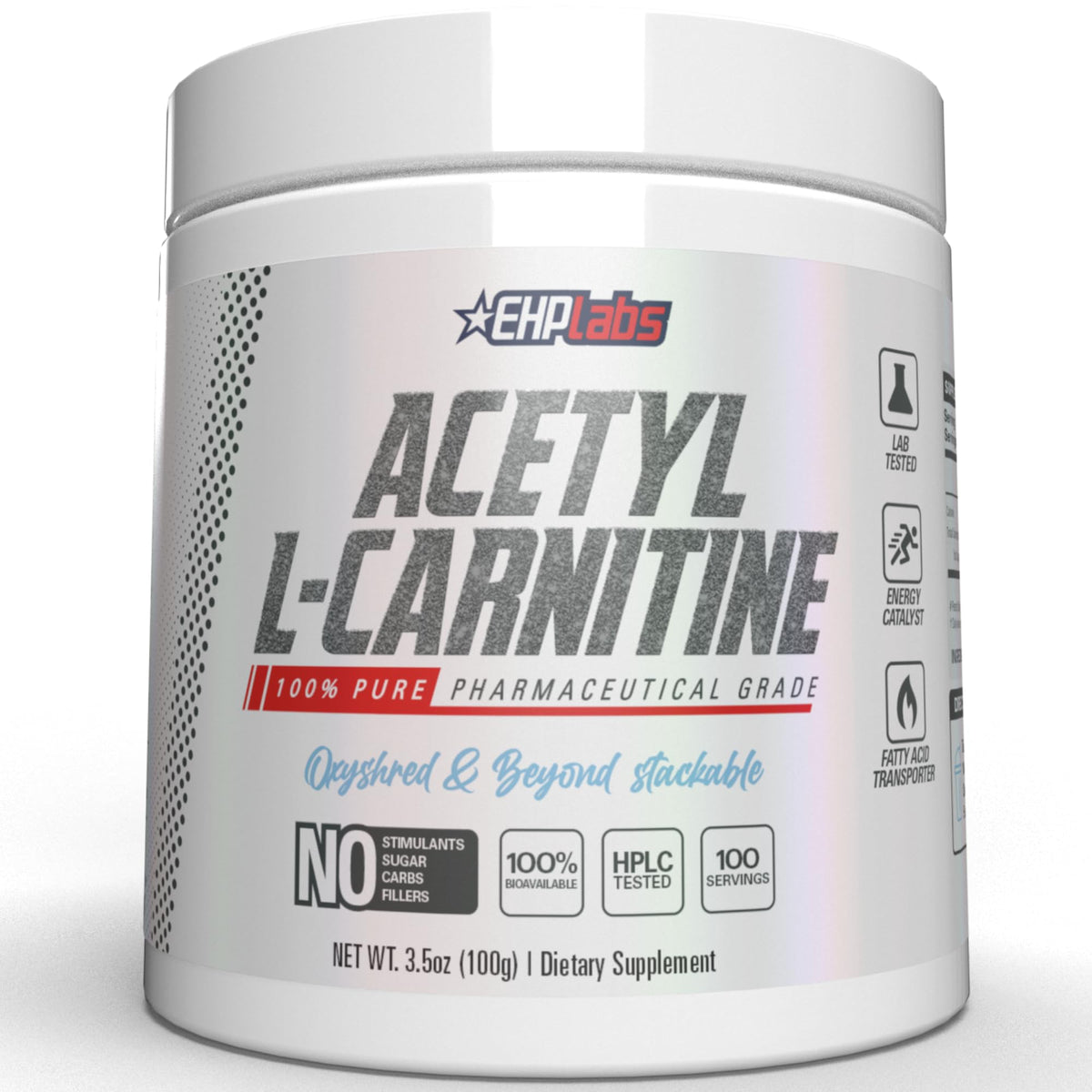 EHP Labs front packaging showing product name and servings, clear branding benefit