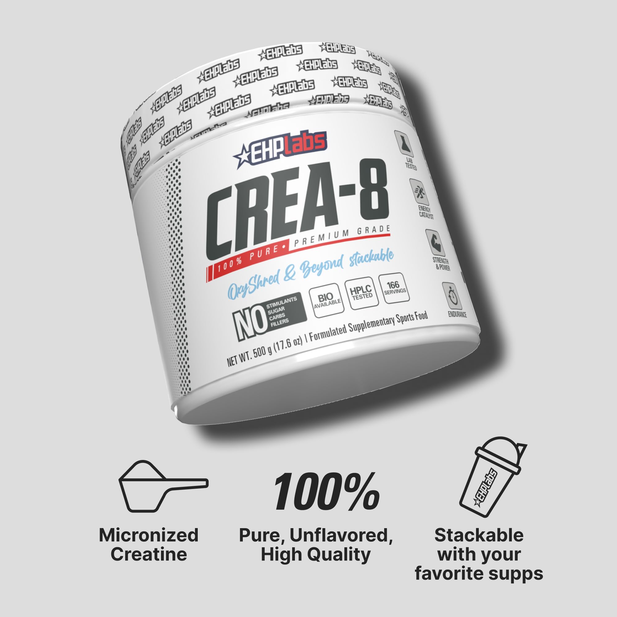 EHP Labs CREA-8 envase abierto mostrando el contenido y conveniencia