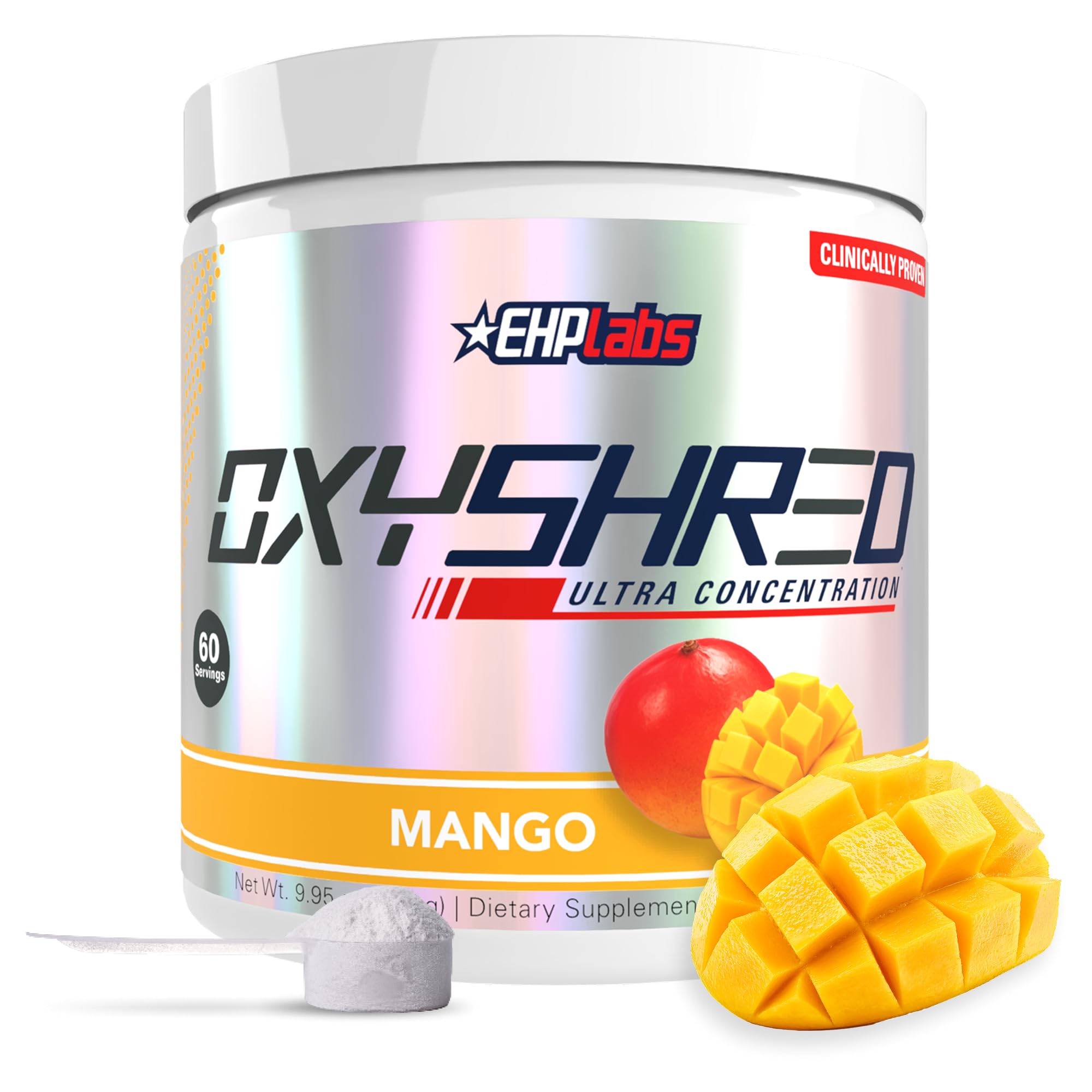 EHP Labs OxyShred front tub showing mango flavor and 60 servings for clarity