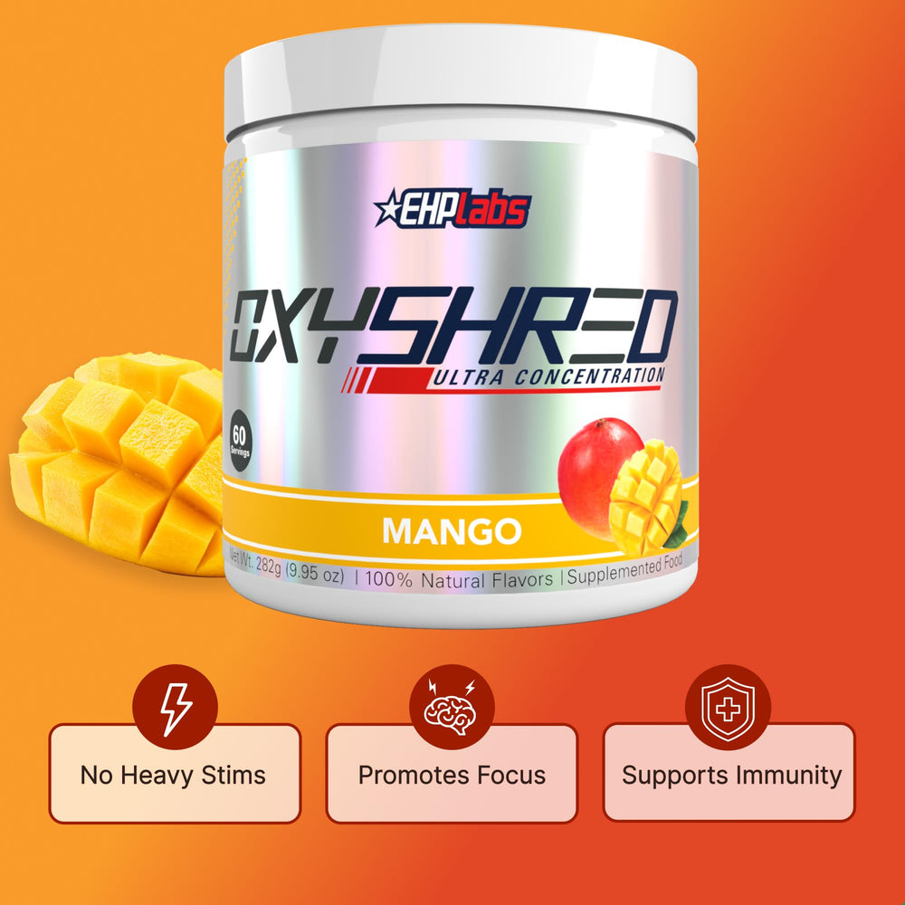 EHP Labs OxyShred mixed mango drink in glass demonstrating refreshing energy