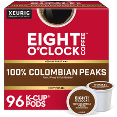 Eight O'Clock Coffee frente del empaque mostrando 96 cápsulas y beneficio conveniencia