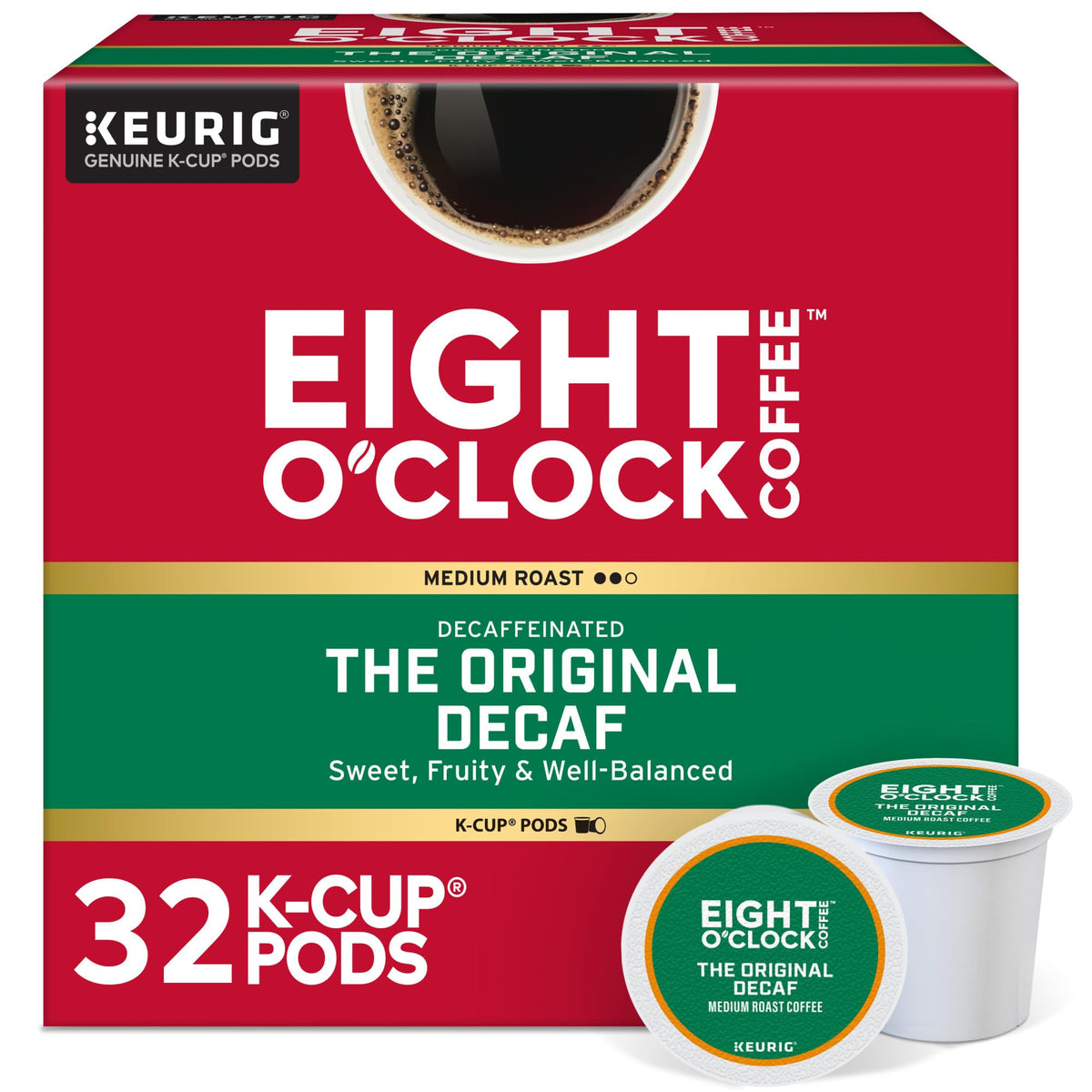 Eight O'Clock Coffee frente del empaque K-Cup, muestra conveniencia y sabor