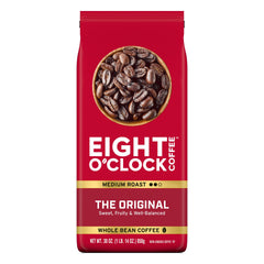 Eight O'Clock paquete frontal 30 oz mostrando el sello de tueste medio y beneficio de sabor consistente