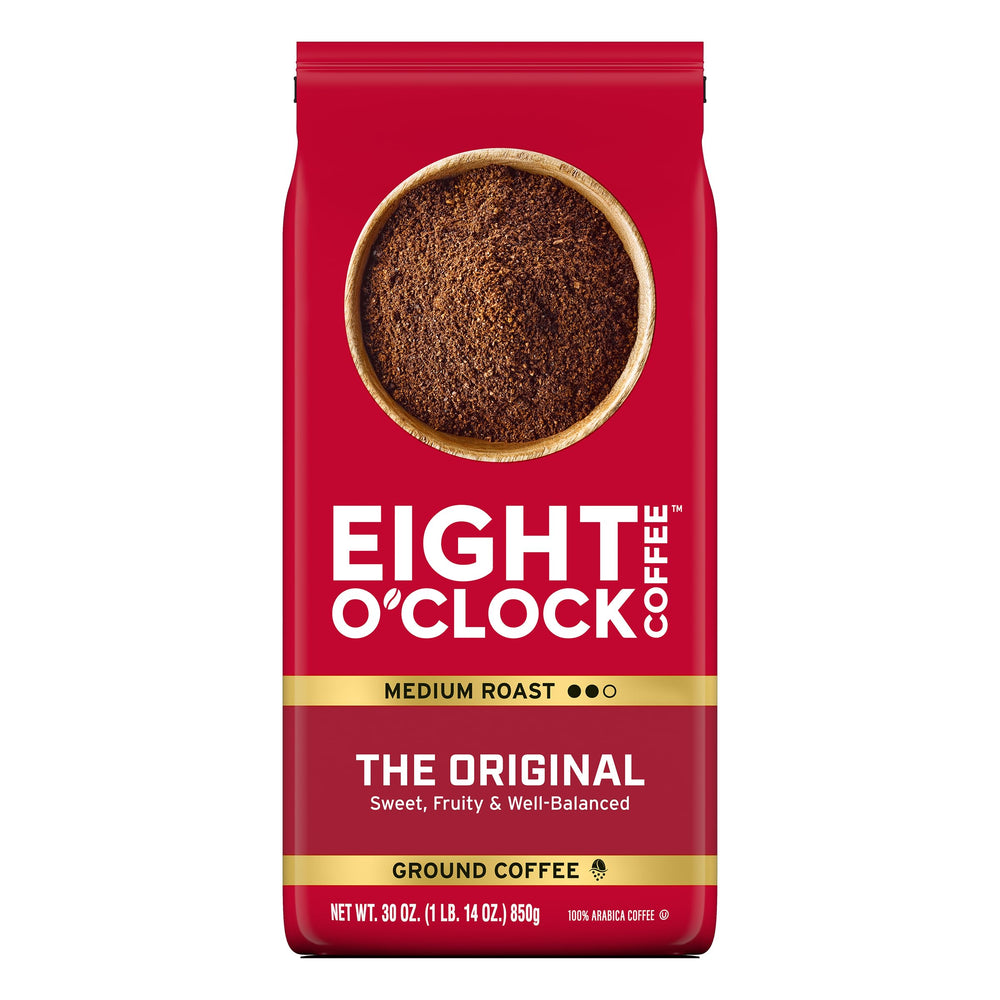 Eight O'Clock Coffee empaque frontal mostrando el formato de 30 onzas y conveniencia