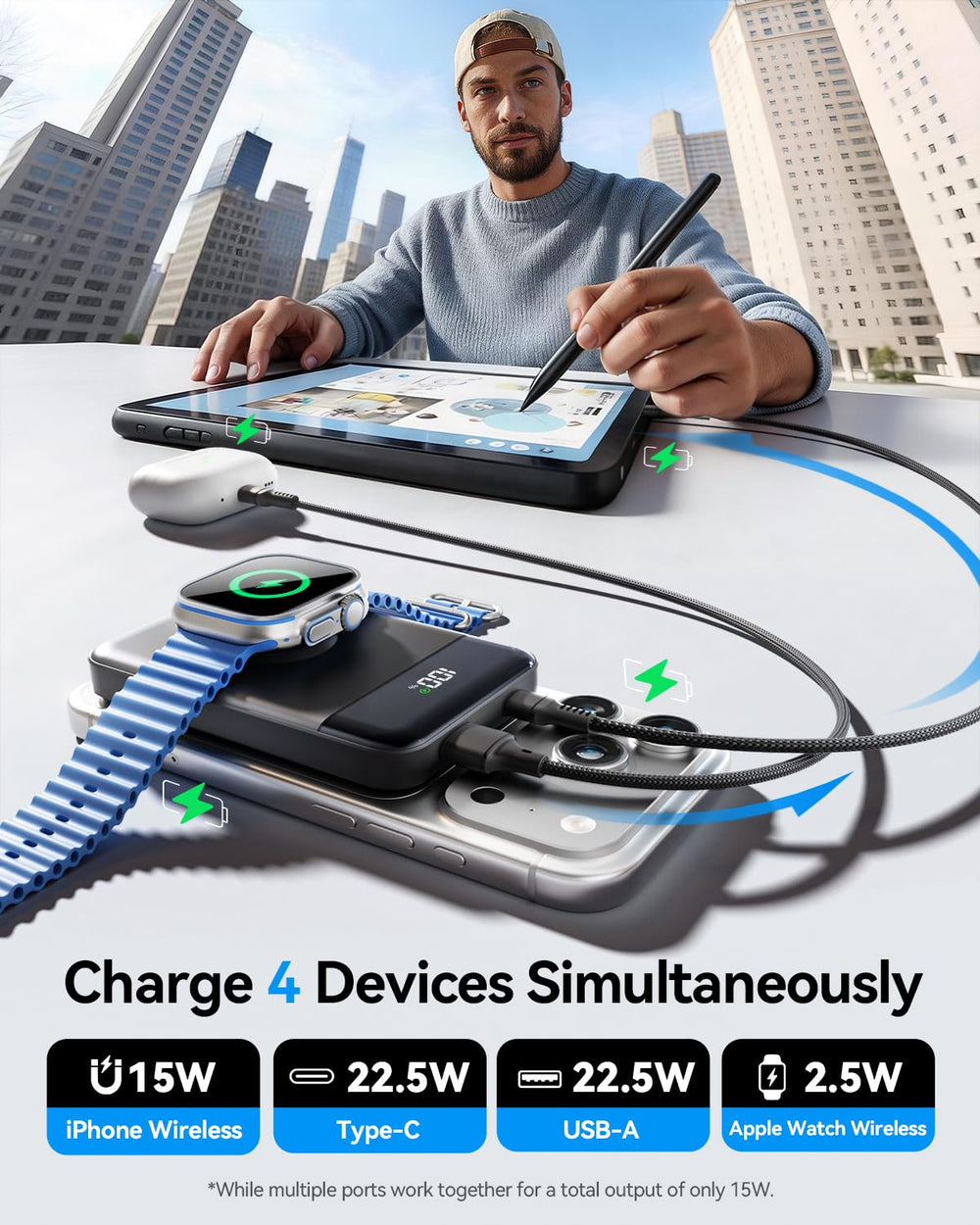 Eissix charging phone and earbuds on desk demonstrating multi-device power