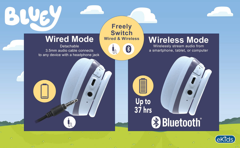 eKids Bluey cable 3.5 mm incluido para conexión por cable fiable