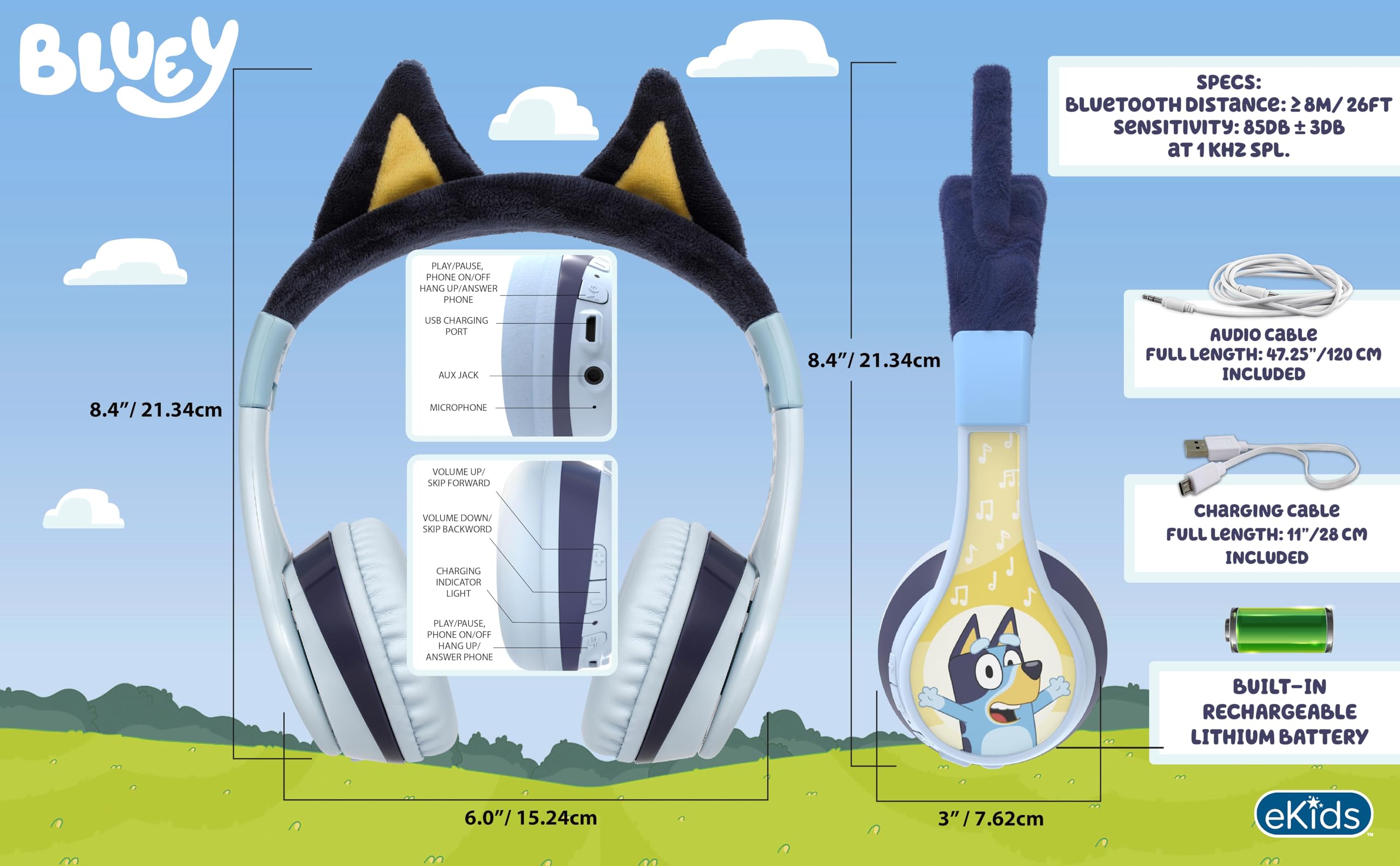 eKids Bluey niño usando auriculares con tablet para aprendizaje cómodo