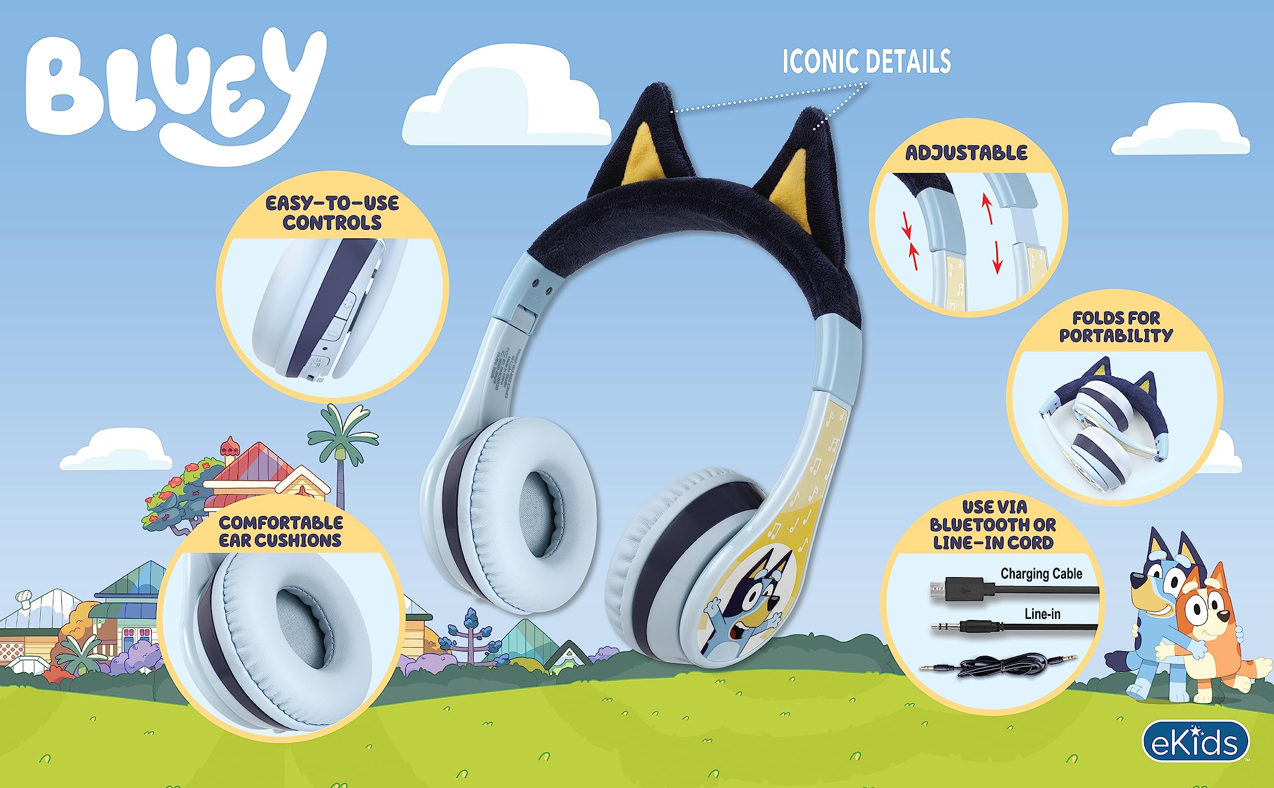 eKids Bluey auriculares plegados para transporte y ahorro de espacio