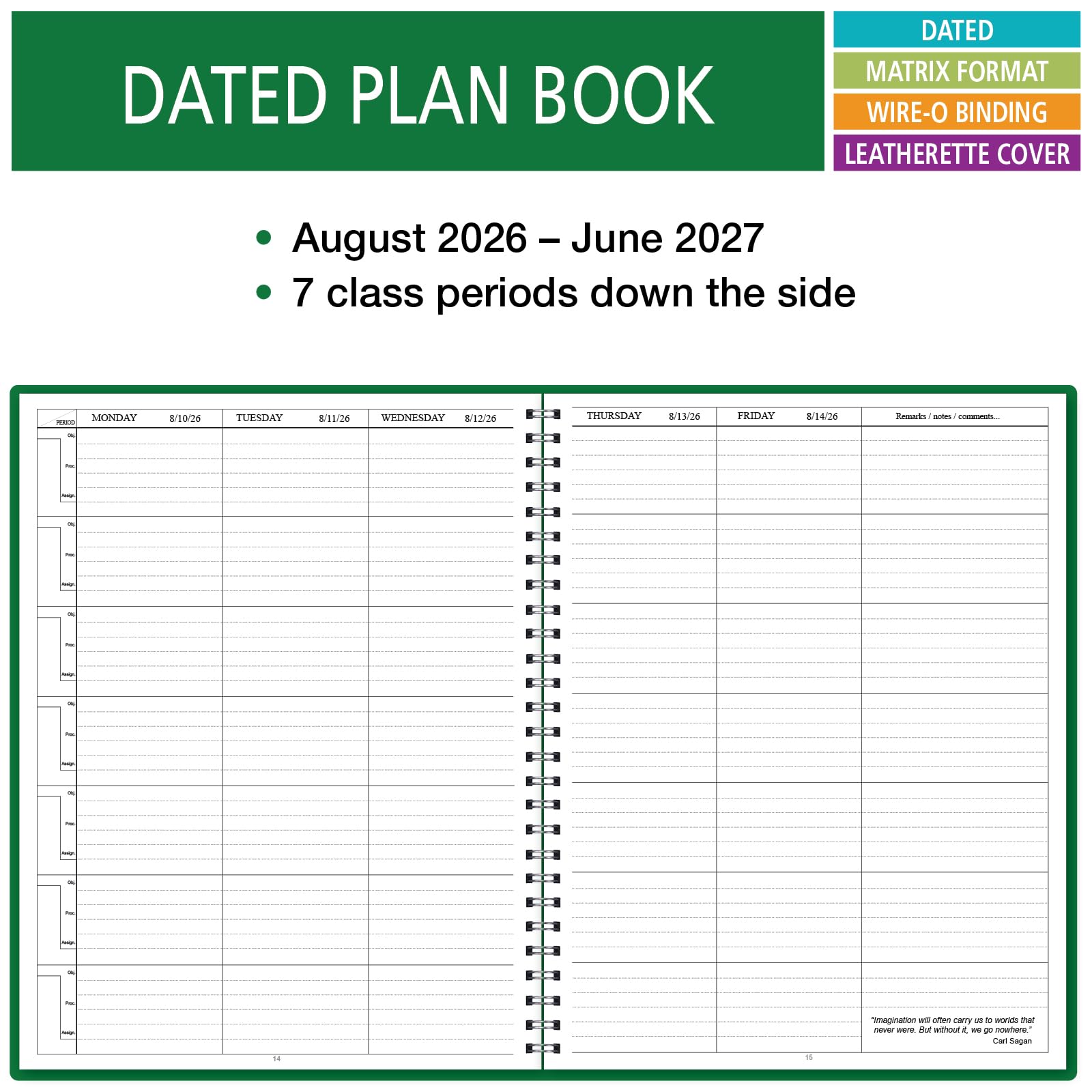 Elan Publishing Company vista interna con días arriba y siete periodos para planificación clara