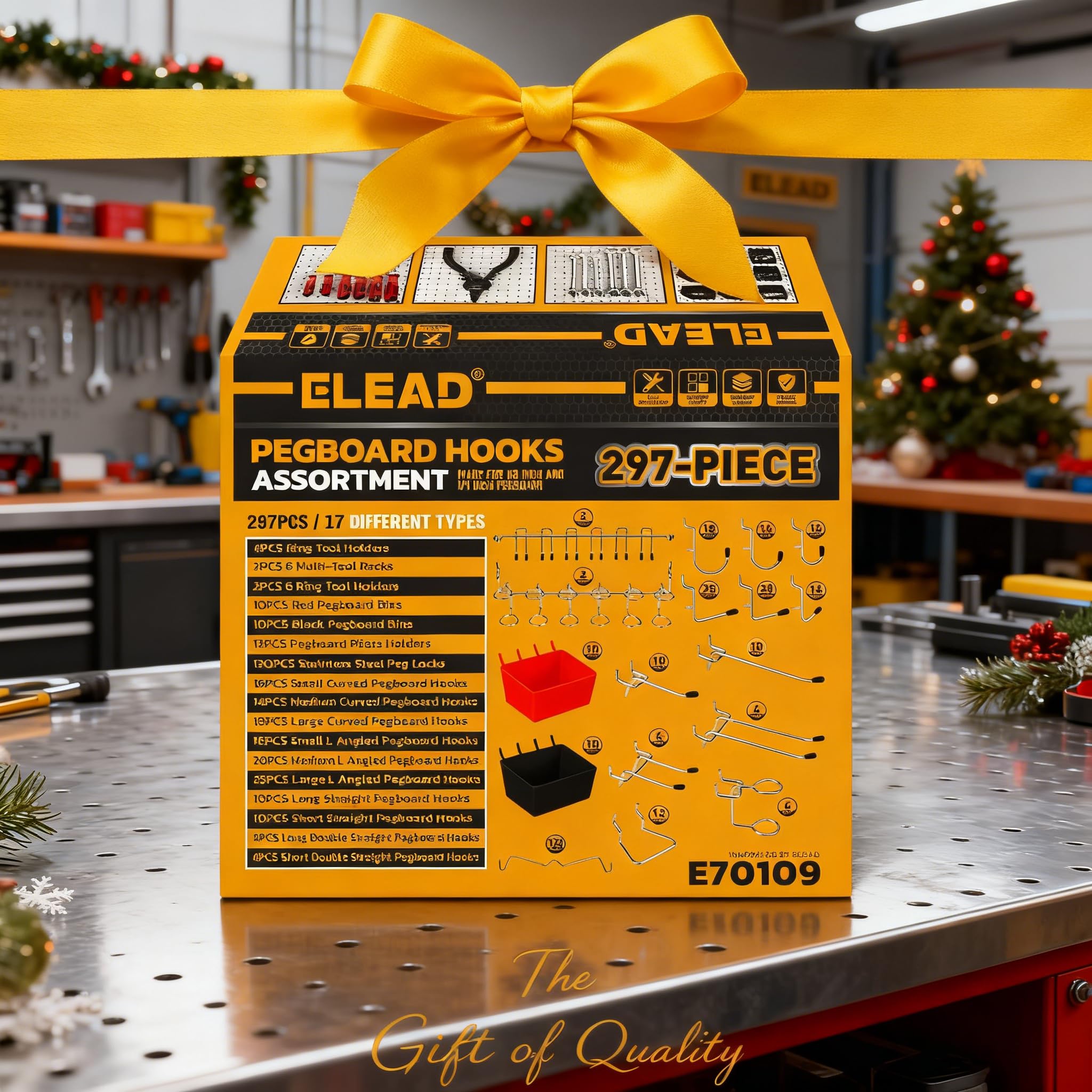 ELEAD pared ordenada con pegboard demostrando orden profesional