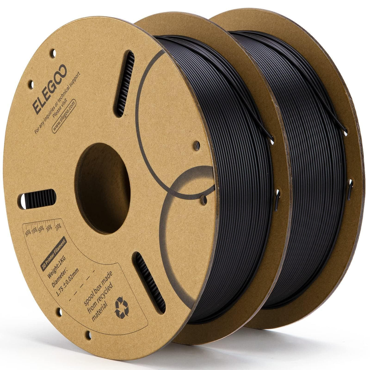 ELEGOO filamento PLA 1,75 mm negro vista frontal del paquete, fácil almacenamiento