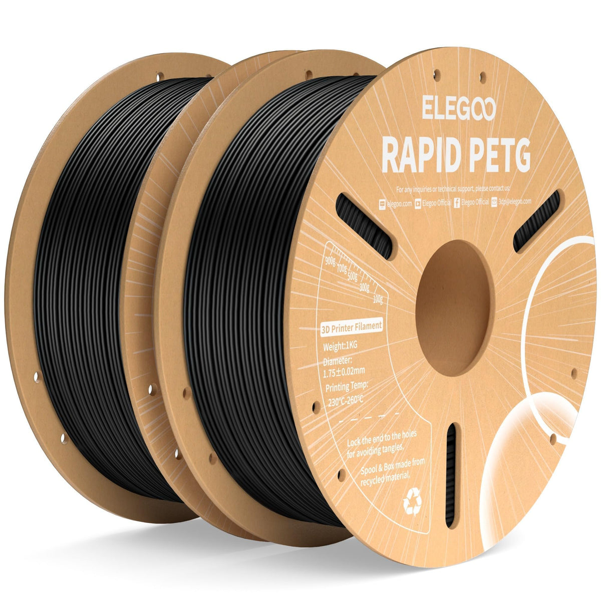 ELEGOO filamento Rapid PETG vista frontal del paquete y bobina, garantía de compatibilidad