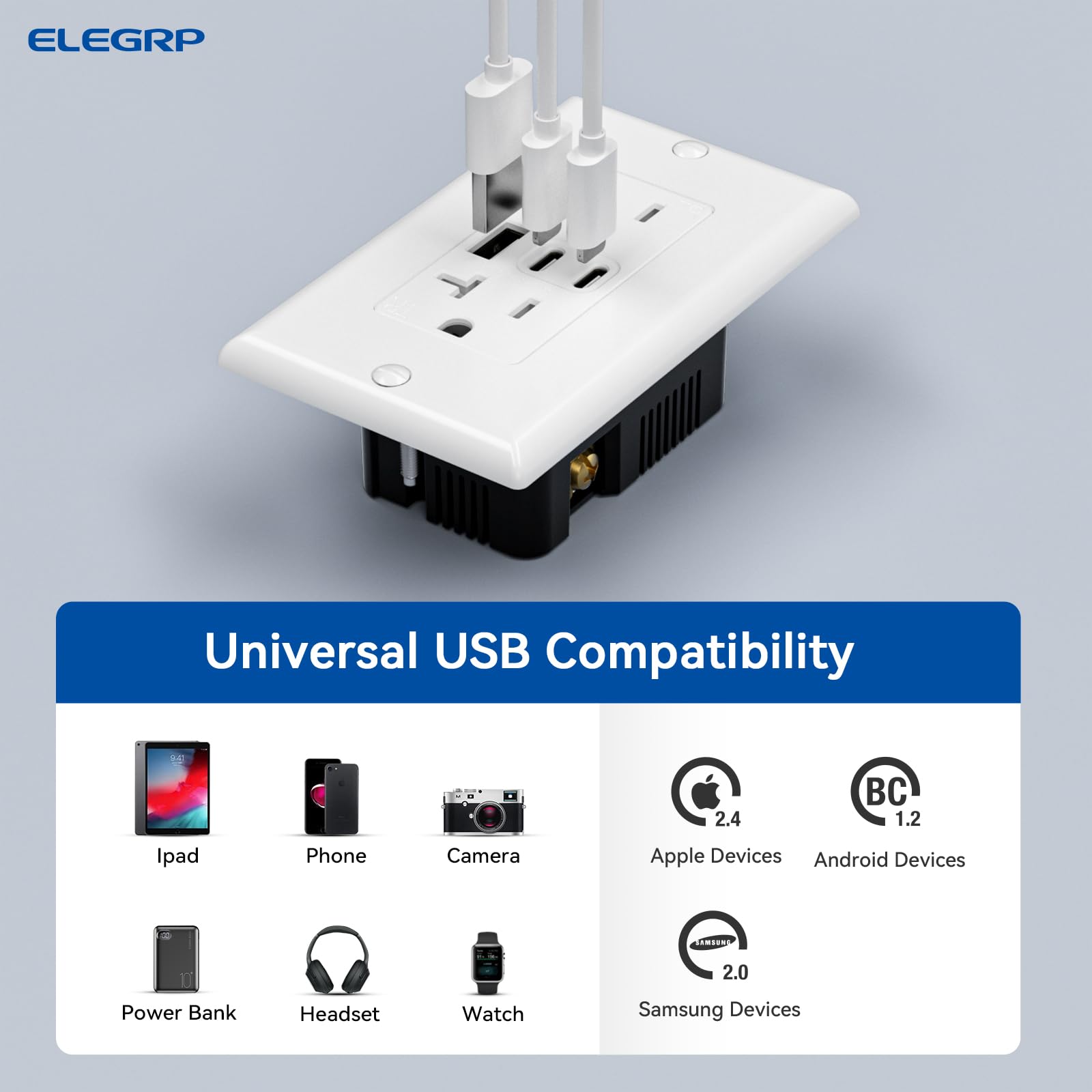 ELEGRP toma instalada en cocina con smartphone cargando, conveniencia diaria