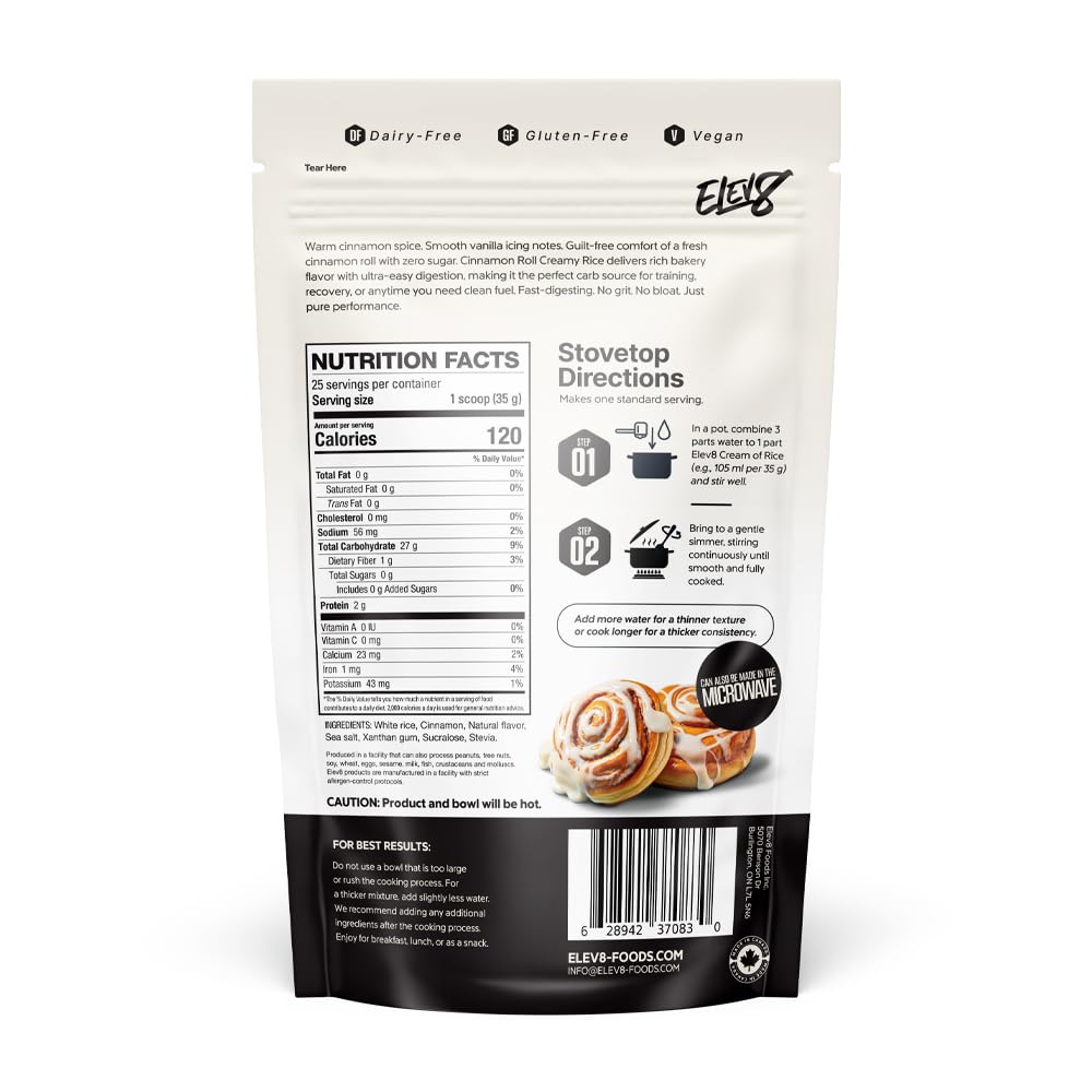 Elev8 Foods cuchara con crema de arroz mostrando textura cremosa y fácil absorción