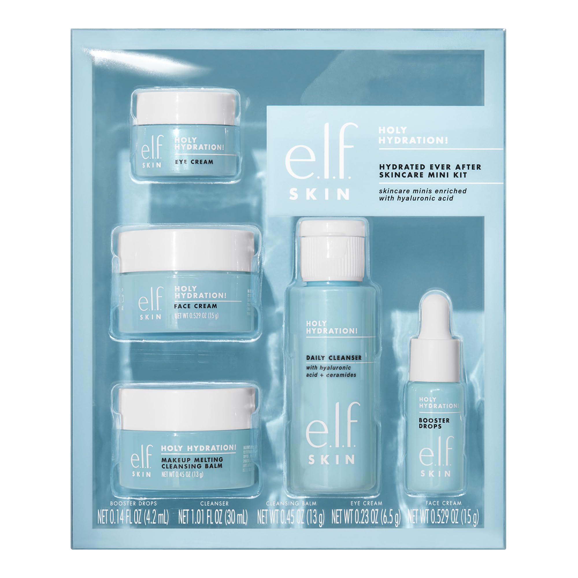 e.l.f. kit Holy Hydration frontal mostrando todos los productos para viaje
