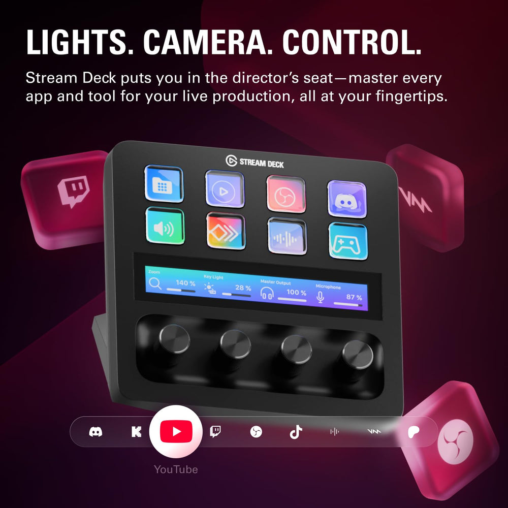 Elgato Stream Deck + angled shot highlighting tactile dials for precise adjustments