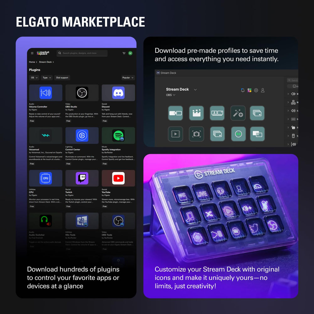Elgato Stream Deck + rear/side view showing USB port and connection options