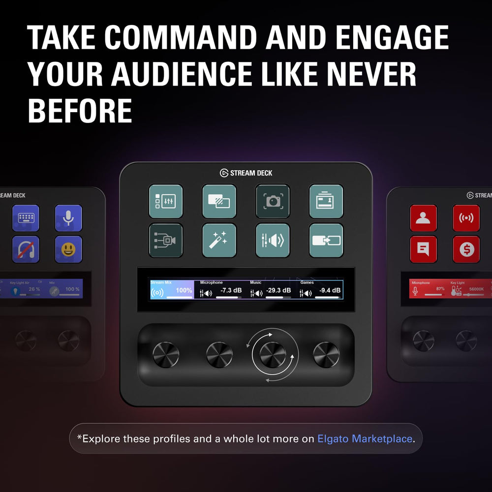 Elgato Stream Deck + touch strip detail enabling smooth fades and scrub control