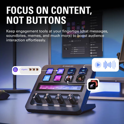 Elgato Stream Deck + next to a laptop showing compact size and desktop fit