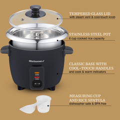 Elite Gourmet accesorios incluidos taza medidora y espátula para servir sin rayar