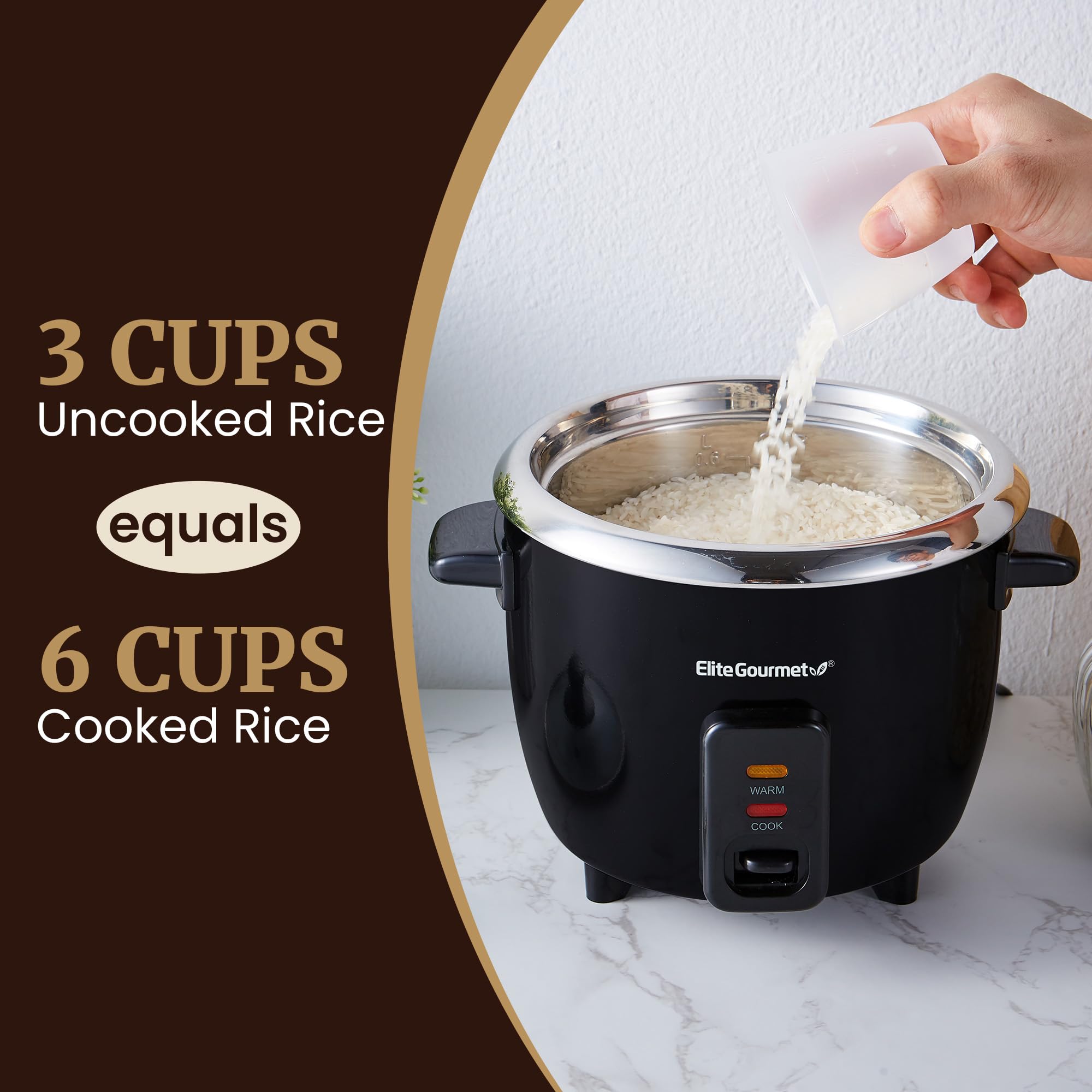 Elite Gourmet arrocera en uso cocinando arroz y manteniéndolo caliente para servir
