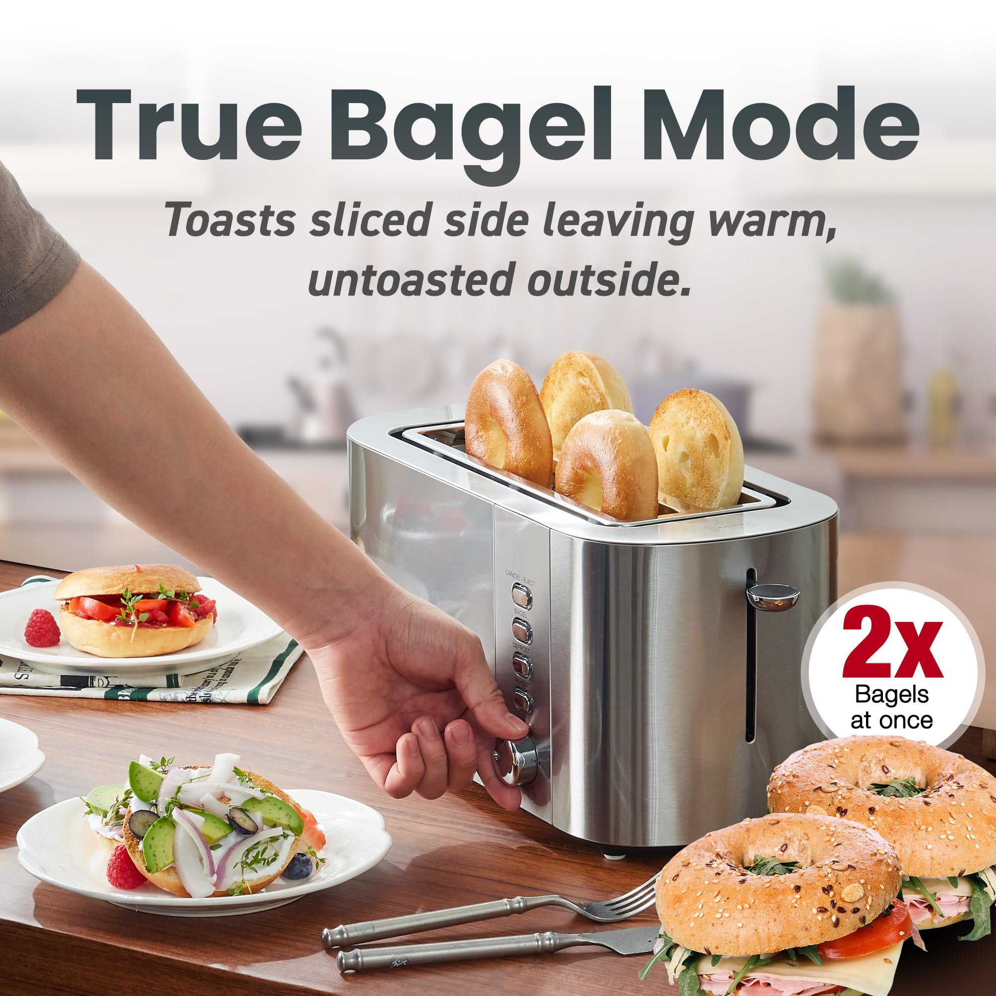 Elite Gourmet toasting a bagel half using True Bagel setting for perfectly toasted interior
