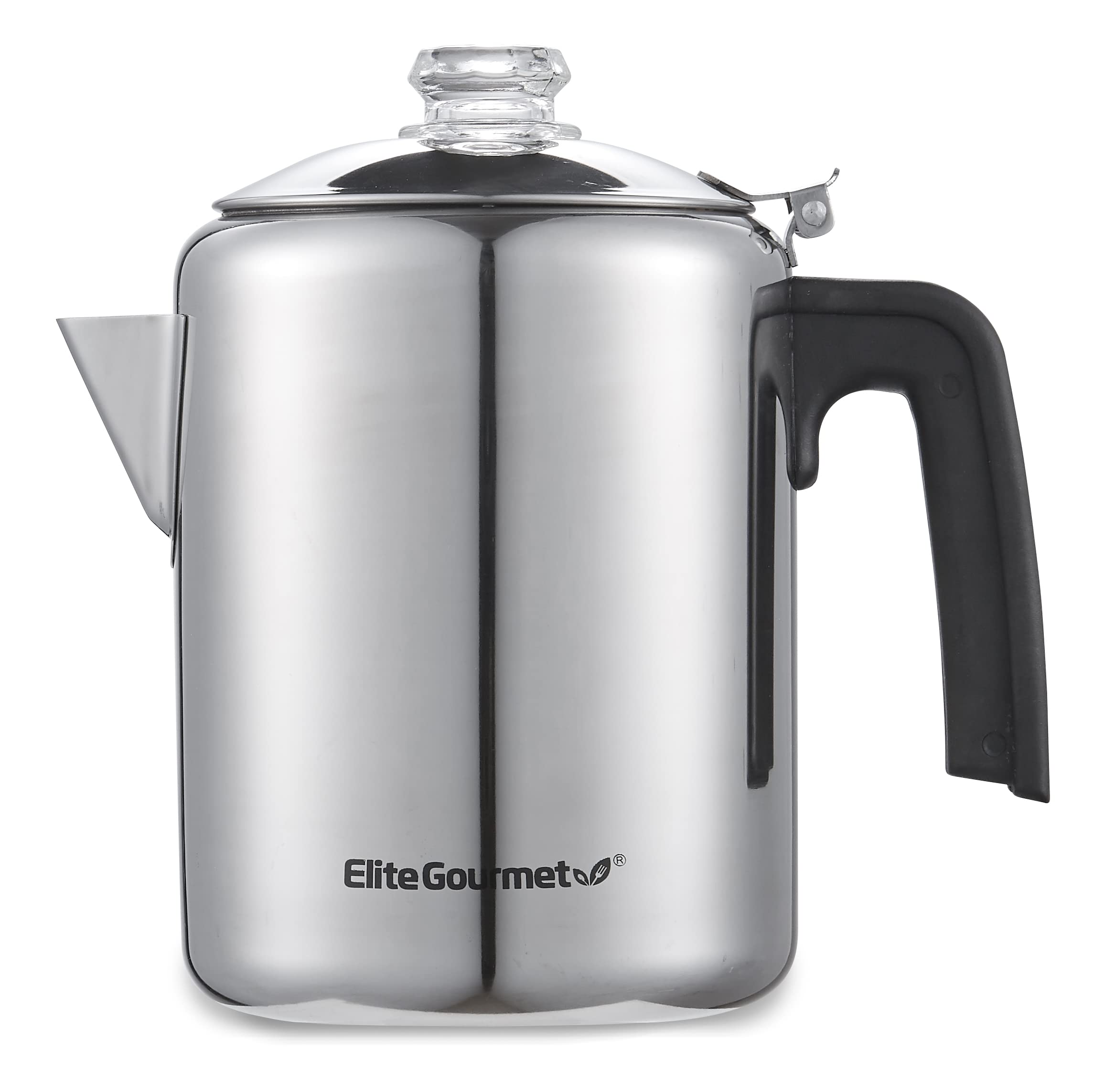 Elite Gourmet vista frontal del percolador mostrando diseño de acero inoxidable y acabado pulido