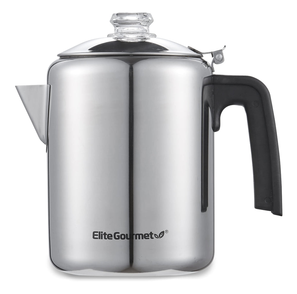 Elite Gourmet vista frontal del percolador mostrando diseño de acero inoxidable y acabado pulido