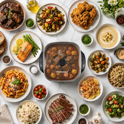Elite Gourmet comparación tamaño frente a olla común, claro ejemplo de capacidad