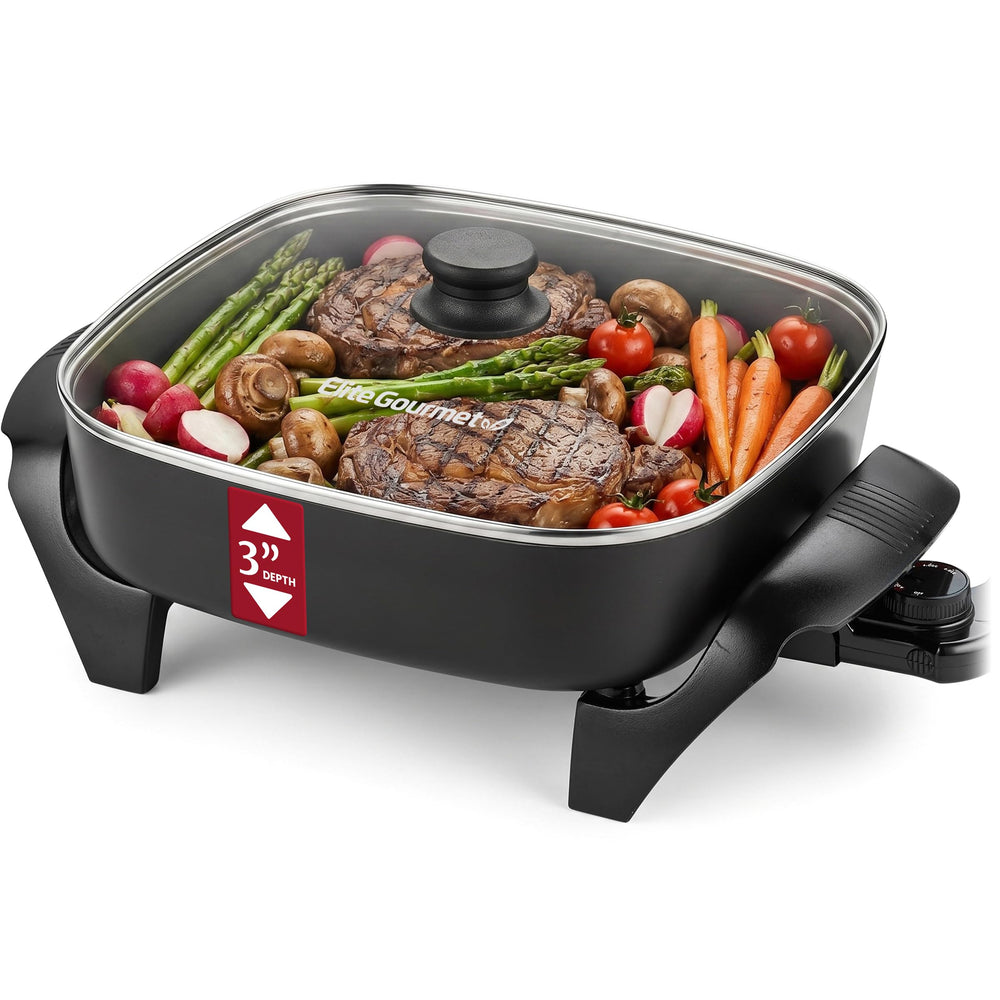 Elite Gourmet vista frontal de sartén eléctrica, diseño compacto y beneficio de porciones grandes