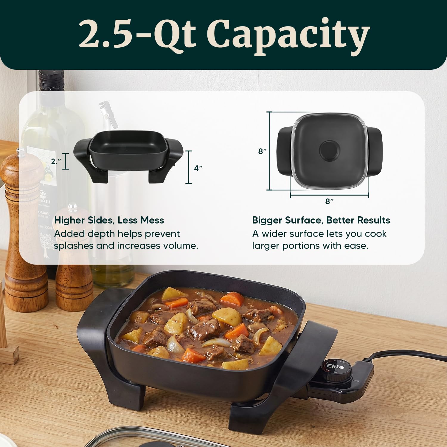 Elite Gourmet EG808 junto a utensilios comparando tamaño ideal para cocinas pequeñas