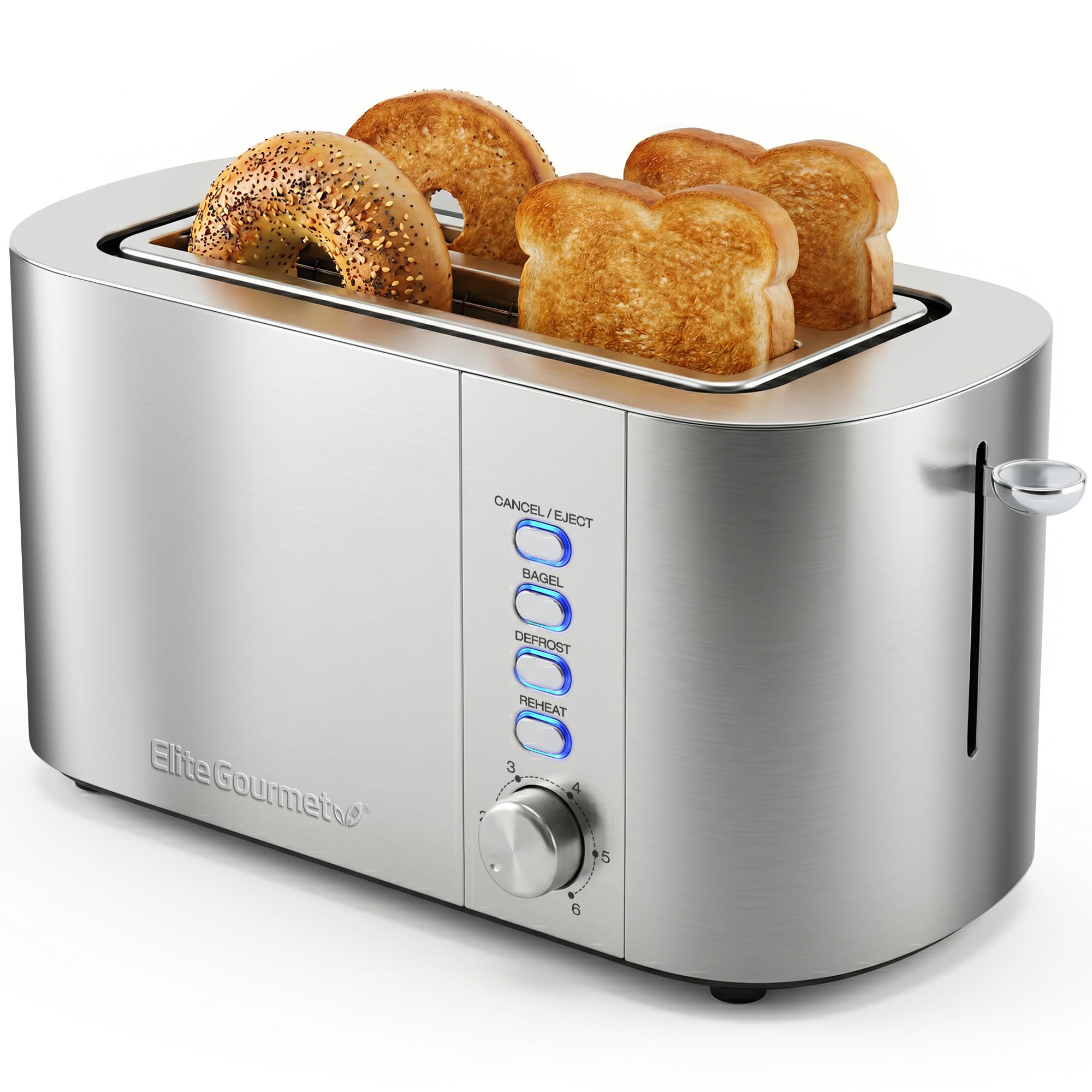 Elite Gourmet front angled view showing sleek stainless finish and four-slice capacity benefit