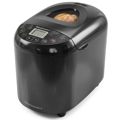 Elite Gourmet front view showing compact black bread maker and benefits of space-saving design