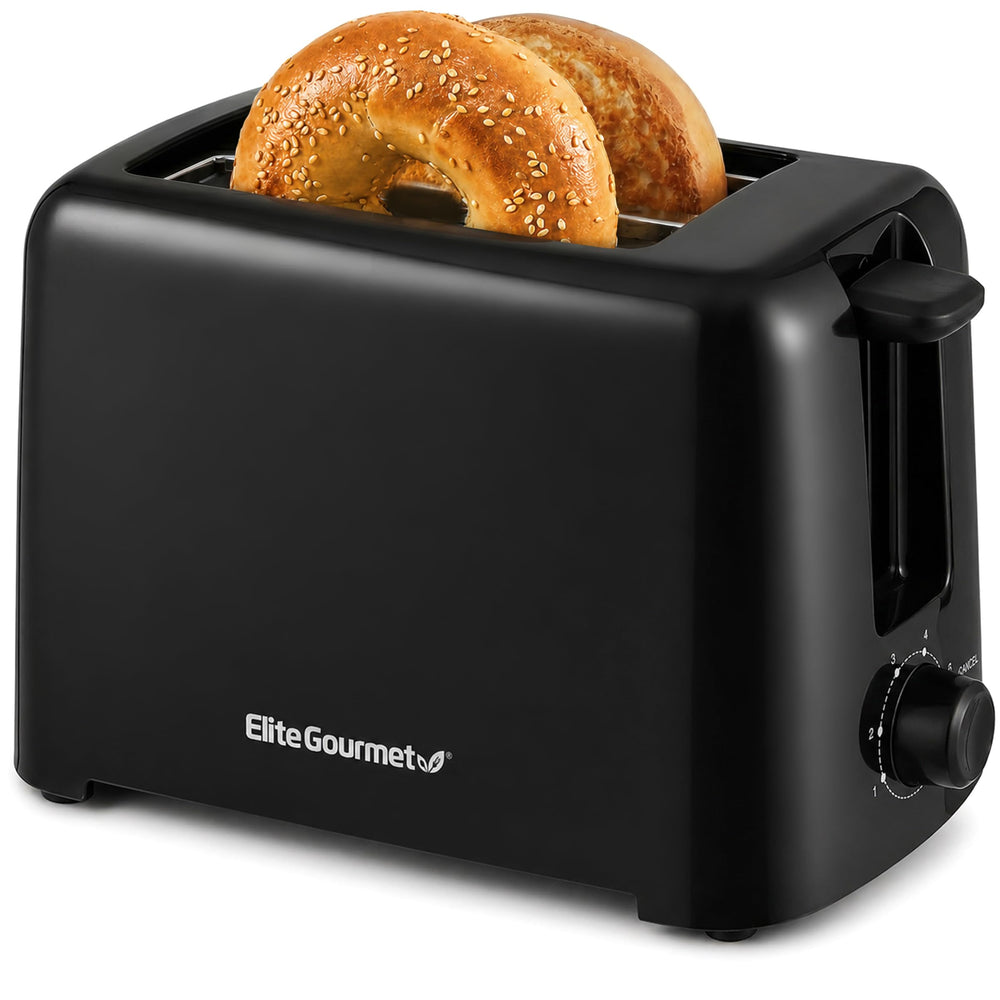 Elite Gourmet vista frontal de la tostadora negra, diseño compacto y elegante