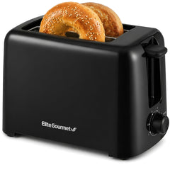 Elite Gourmet vista frontal de la tostadora negra, diseño compacto y elegante