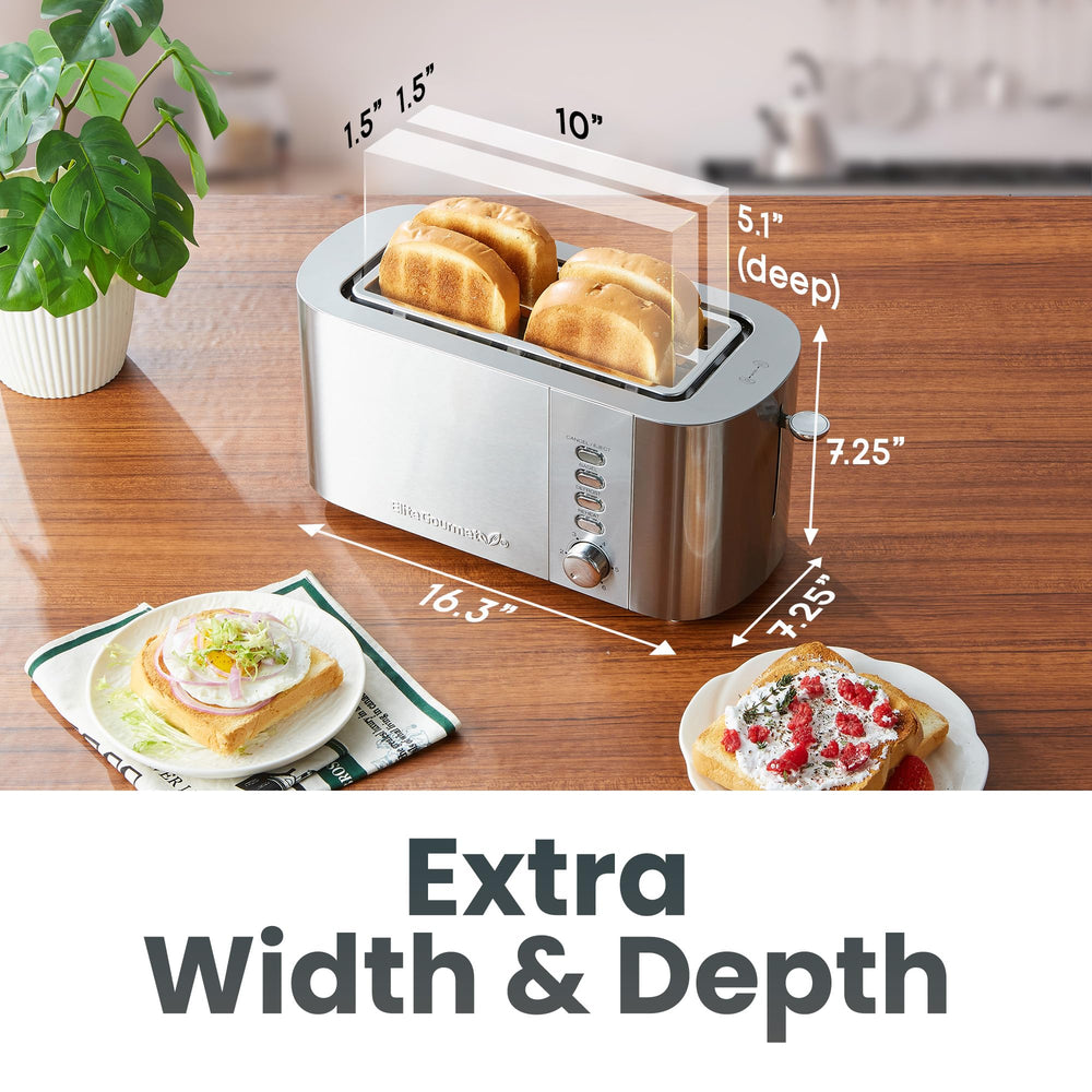 Elite Gourmet toaster on kitchen counter in lifestyle shot for family-friendly convenience