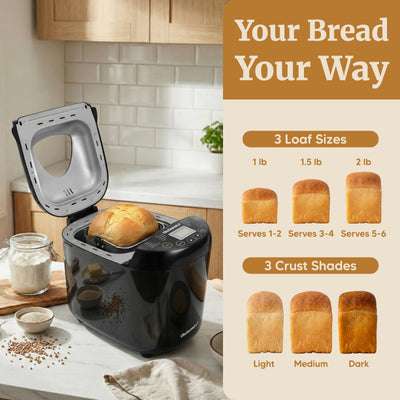Elite Gourmet loaf baking inside machine demonstrating even baking and crust control benefit