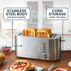 Elite Gourmet close-up of long deep slot highlighting fit for large breads advantage
