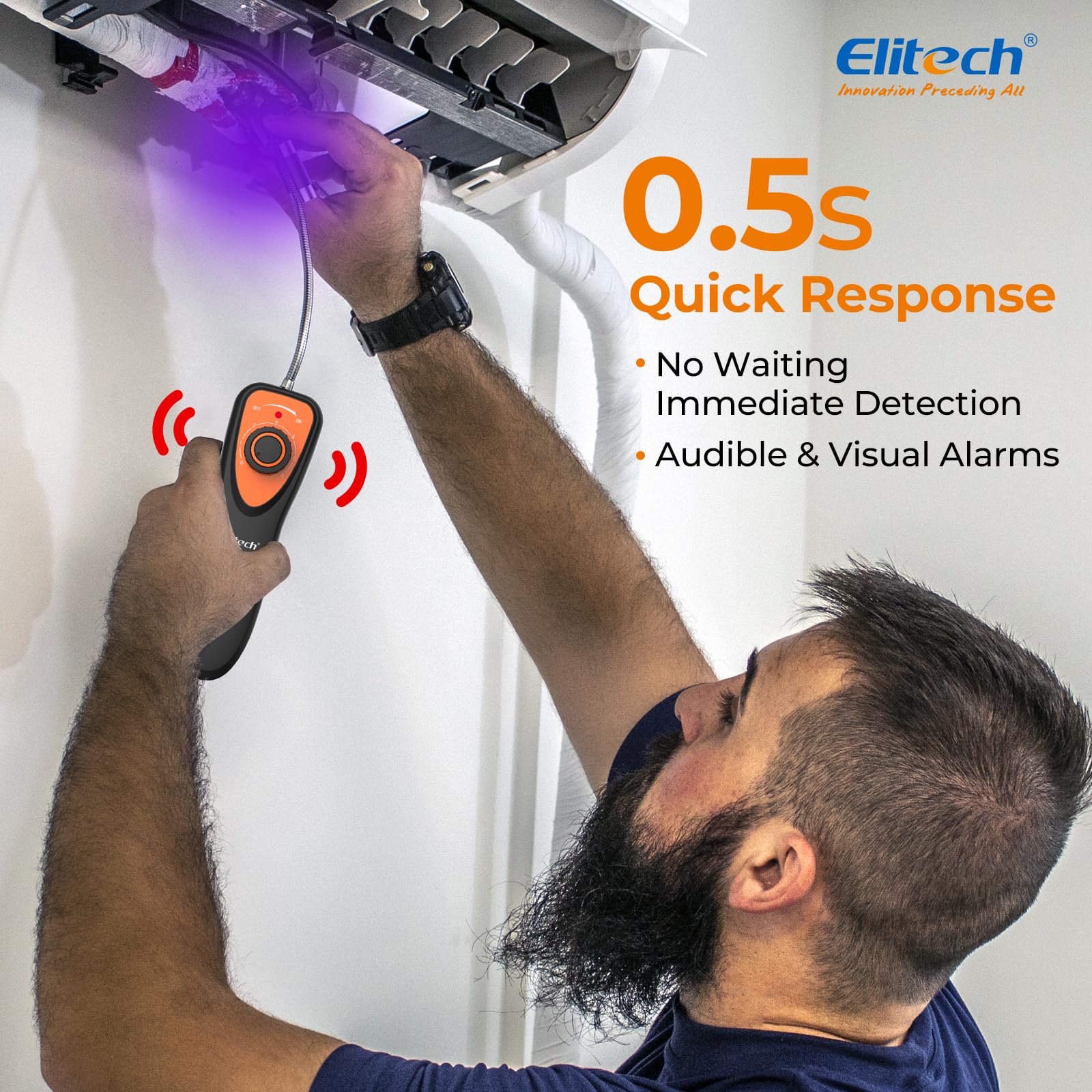 Elitech CLD-100 en uso sobre conductos de aire acondicionado de coche detectando fugas