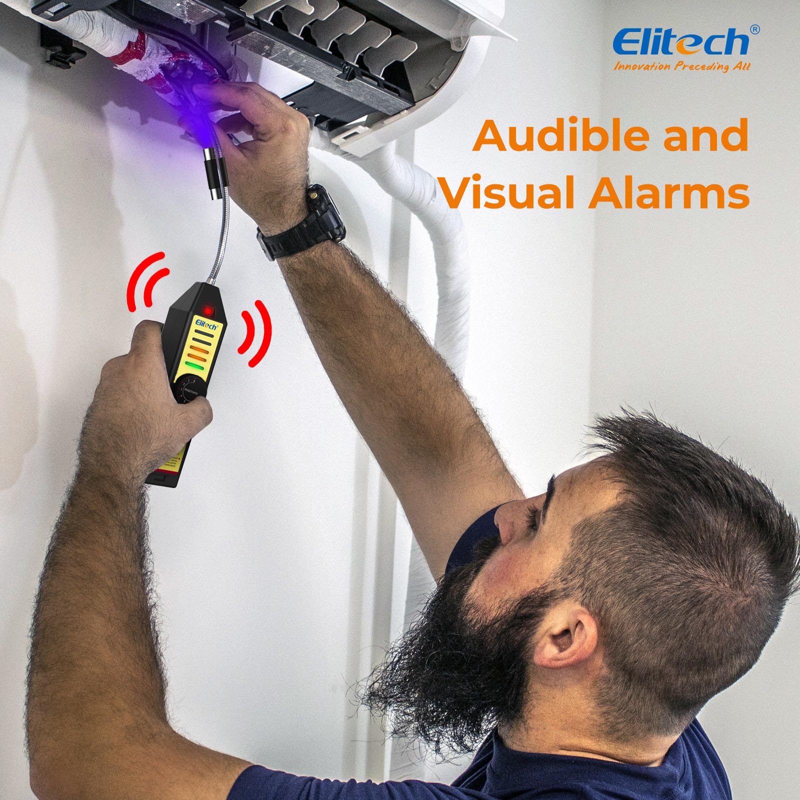 Elitech WJL-6000S sonda en uso sobre junta de aire acondicionado, localiza fugas
