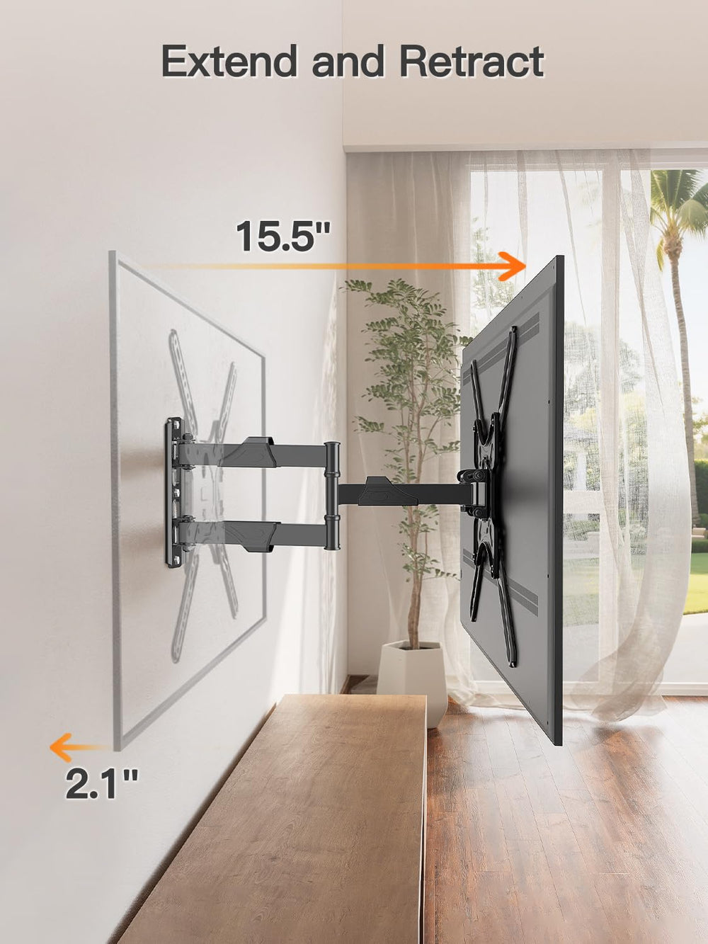 ELIVED TV mounted in a living room corner demonstrating flexible viewing positions