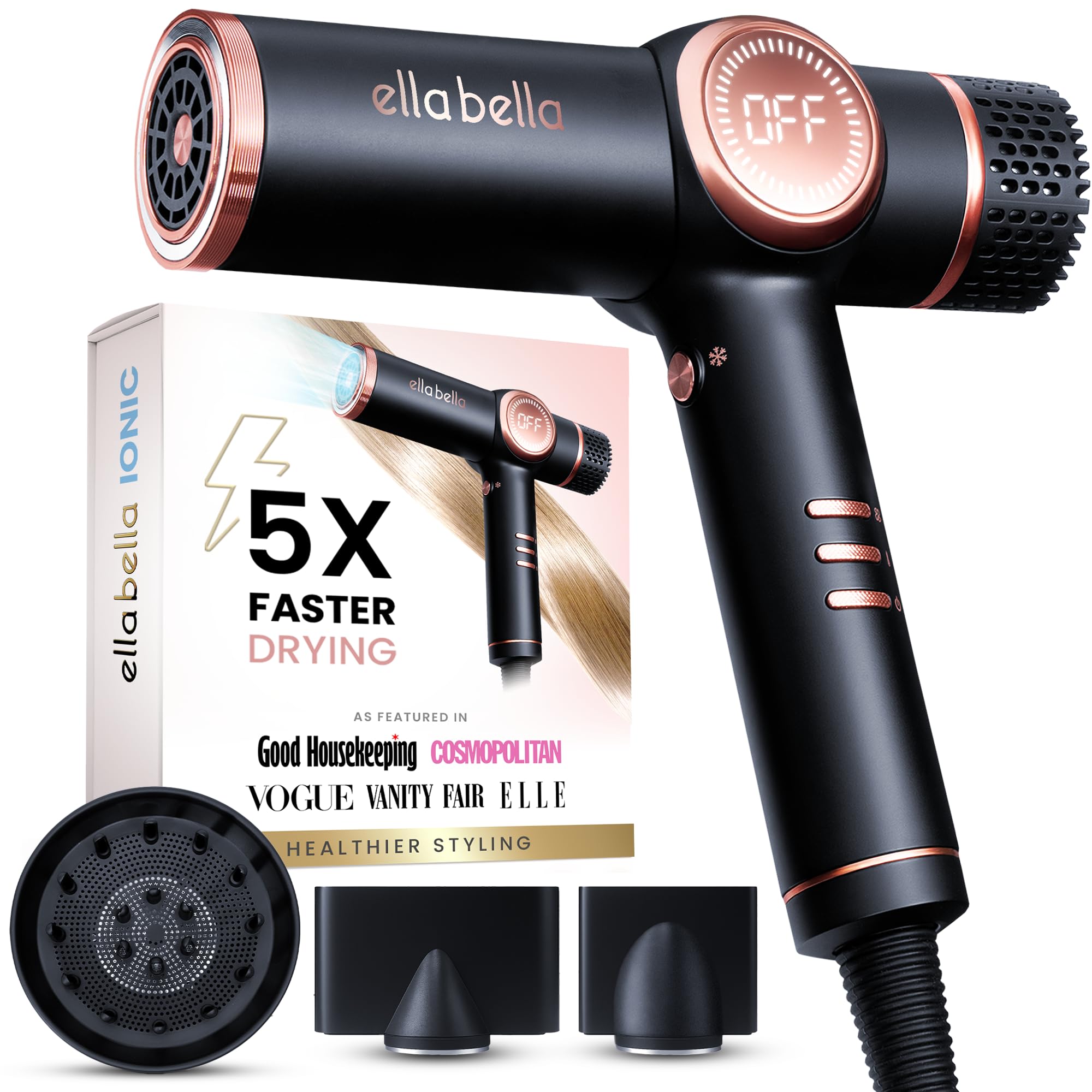 ELLA BELLA front view showing compact dryer and ergonomic grip for comfortable styling