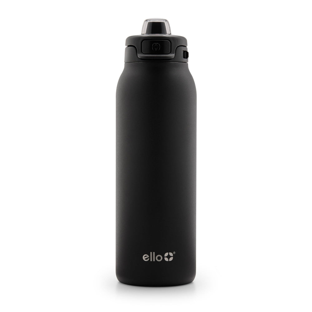 Ello botella frontal negra mostrando diseño elegante y capacidad 32oz