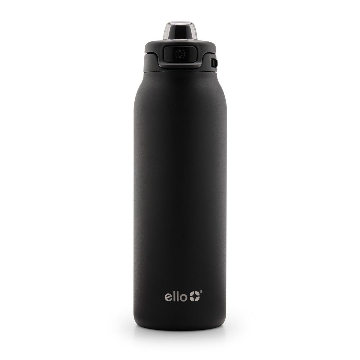 Ello botella frontal negra mostrando diseño elegante y capacidad 32oz