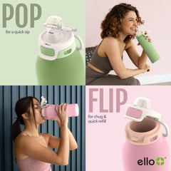 Ello mostrando modo sorbo con pajilla, cómodo para beber mientras caminas
